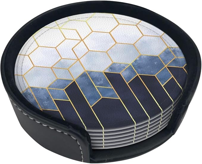 6 Pcs Blue Gold Marble Geometric Hexagons Leather Coasters - Image 2