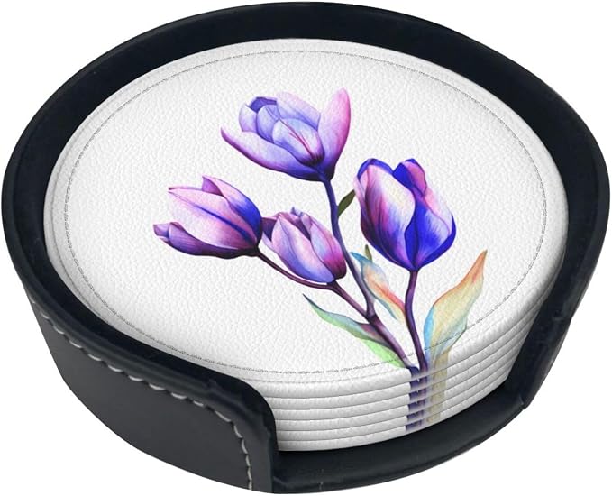 Purple Flower Tulip Leather Coasters Set of 6 by Unknown