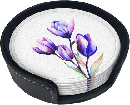 Purple Flower Tulip Leather Coasters Set of 6 by Unknown