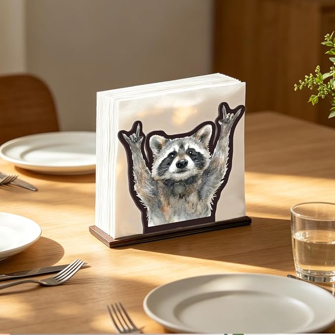 Funny Raccoon Napkin Holder for Table, Cute Raccoon Raising Hands Design Wooden - Image 2