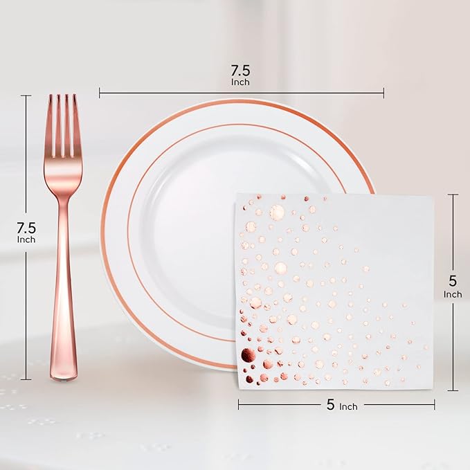 Stylish Rose Gold Dessert Plates, Forks and Cocktail Napkins (100 Set), 7.5 Inch Appetizer Plates or Salad Plates, Wedding Cake Plates, Disposable Plates for Wedding with Rose Gold Napkins