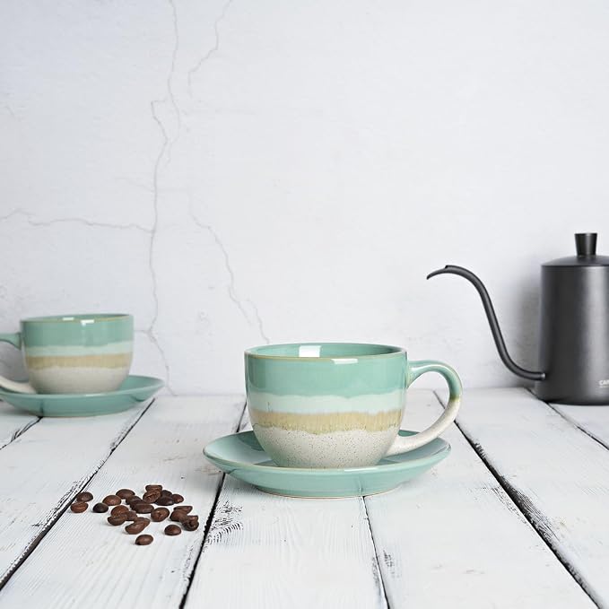 Bosmarlin Ceramic Cappuccino Cup and Saucer Set of 2, 10 Oz, Coffee Cups - Image 4