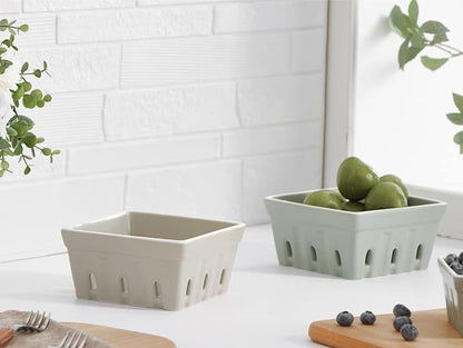ONEMORE Ceramic Berry Basket, Square Fruit Bowls, Rustic Stoneware Berry - Image 2