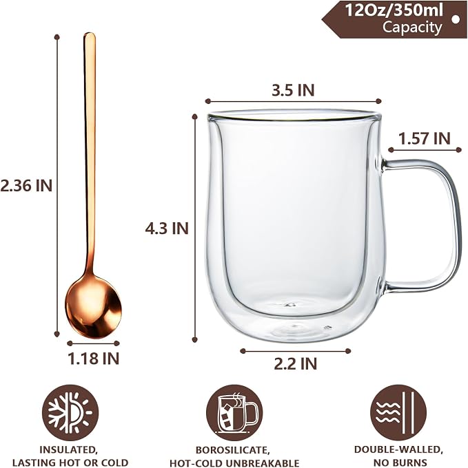Double Walled Glass Coffee Mugs 12 oz, Glass Coffee Cups Set of 4 - Image 2