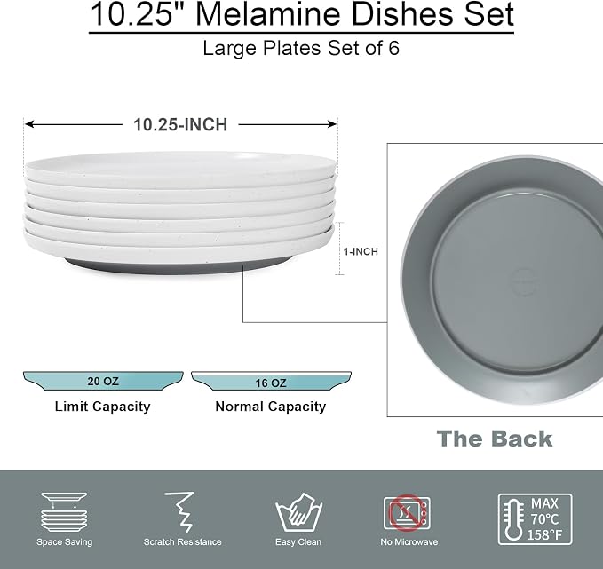 Webbylee 10.25" Melamine Dinner Plates Set of 6 | Durable Serving Dishes Perfect - Image 2