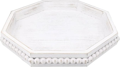 Whitewashed Octagonal Wood Decorative Tray, Small Farmhouse Wooden Serving Tray with Beads, Versatile Shabby Chic Coffee Table Tray for Kitchen Counter, Ottoman, Living Room