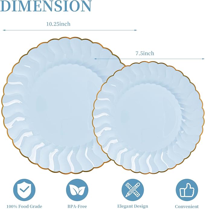 Lullaby 60PCS Light Blue Scalloped Plastic Plates - Image 2