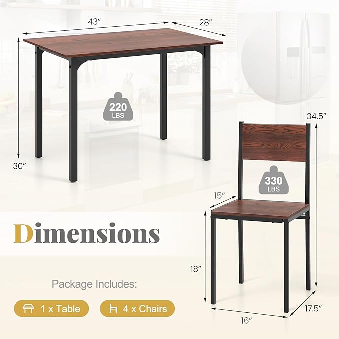 COSTWAY Dining Table Set for 4, Rectangular Kitchen Table and Chairs Set with Backrest, Metal Frame, Space-Saving Dinette Set, Breakfast Nook Table Set for Small Space, Apartment, Dorm (Walnut)
