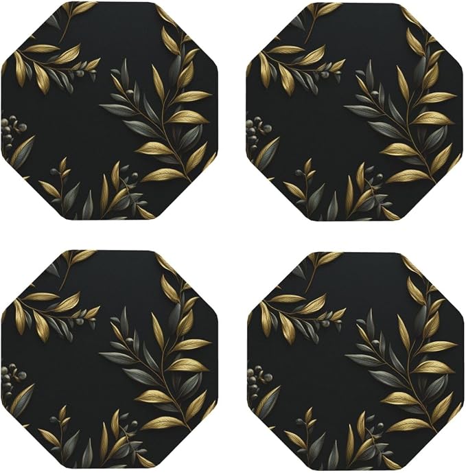 4Pcs Leather Coaster for Drinks Golden Olive Branch Cup Coasters Aesthetic by NONHAI