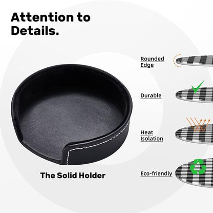 6 Pcs Black White Striped Plaid Leather Coasters - Image 5