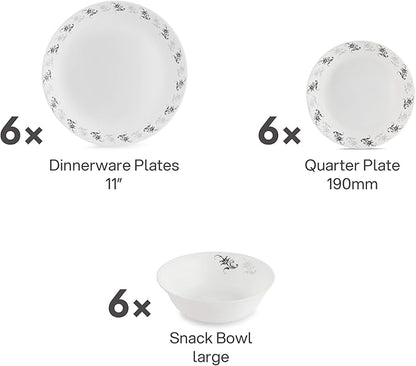 Cello Regal Dinnerware Set of 18 pieces, Service for 6, Chip & Scratch Resistant, Lightweight Round Plates and Bowls Set, Microwave & Dishwasher safe, Opalware Dinner Set, Black Magic