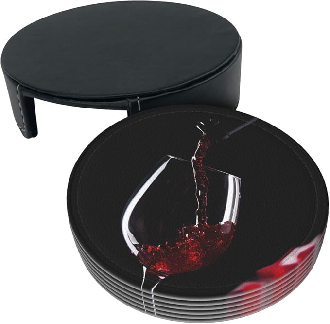 6 Pcs Red Wine Glass Splash Arts Leather Coasters - Image 4