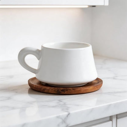 Set of 1 Ceramic Tea White Cup and Wood Saucer - 7 oz Tea Mug - Wide Cappuccino - Image 6