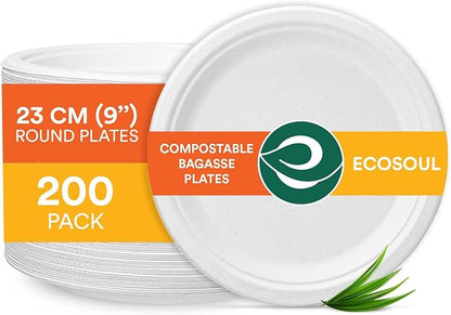 ECO SOUL 9 Inch Compostable Disposable Paper Plates [200 Pack] Food Safe 100% Virgin Bagasse Pulp Heavy Duty Biodegradable Microwave Safe Large Round Dinner Plate for Party, Picnic & BBQ (White)