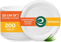 ECO SOUL 9 Inch Compostable Disposable Paper Plates [200 Pack] Food Safe 100% Virgin Bagasse Pulp Heavy Duty Biodegradable Microwave Safe Large Round Dinner Plate for Party, Picnic & BBQ (White)