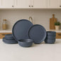 12-Piece Stoneware Dinnerware Set with Mugs | Microwave and Dishwasher Friendly | Stackable Matte Glaze Plates & Bowls | Service for 3 (Blue for 4)