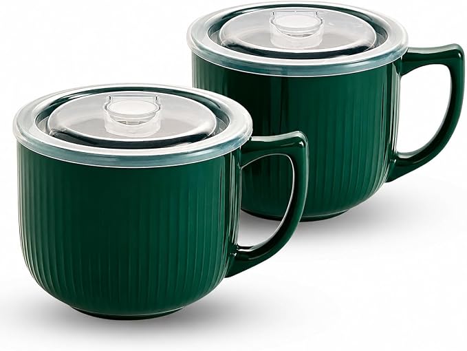 Ceramic Soup Bowl with Handle & Lid, 32oz Microwave Ramen Bowl Set of 2 | by Hoilse