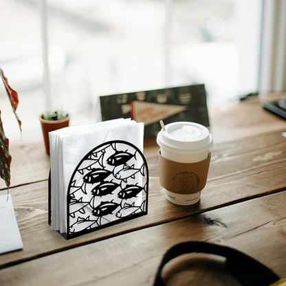 School of Fish Decorative Black Metal Napkin Holder for Table, 5.3"x4.9"x1.9" Shoal of Fish Ocean Animal Standing Napkin Holder for Home Kitchen Restaurant Picnic Coffee Bar Dining Room