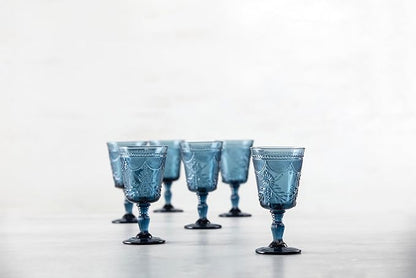 FORTESSA Debutante Vintage Themed Glassware, 10 Ounce Water Goblets (Set of 6), Dishwasher-Safe Water Glasses, Cornflower Blue