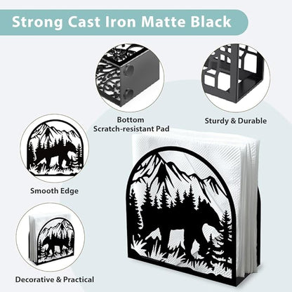 Forest Animals Mountain Decorative Black Metal Napkin Holder for Table, 4.9" x 4.9" x 1.9" Bear Standing Napkin Holder for Home Kitchen Restaurant Picnic Party Coffee Bar Dining Room