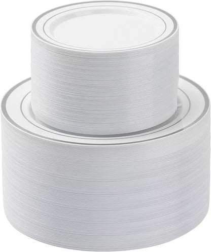 BESTSTAR 200PCS Silver Plastic Plates Set, 100 10.25 inch Dinner Plates and 100 7.5 inch Dessert Plates, Premium Disposable Plates for Party, Wedding