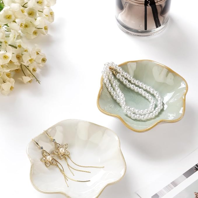 2PCS Lotus Leaf Shape Ring Holder Dish, Small Key Bowl, Ceramic Trinket Tray - Image 2