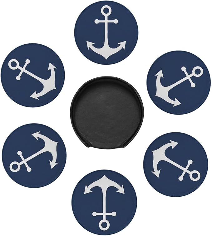 White Nautical Anchor On Navy Blue Premium Leather Coasters - Image 2