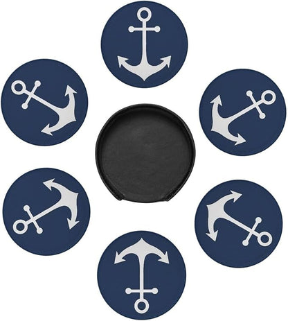 White Nautical Anchor On Navy Blue Premium Leather Coasters - Image 2