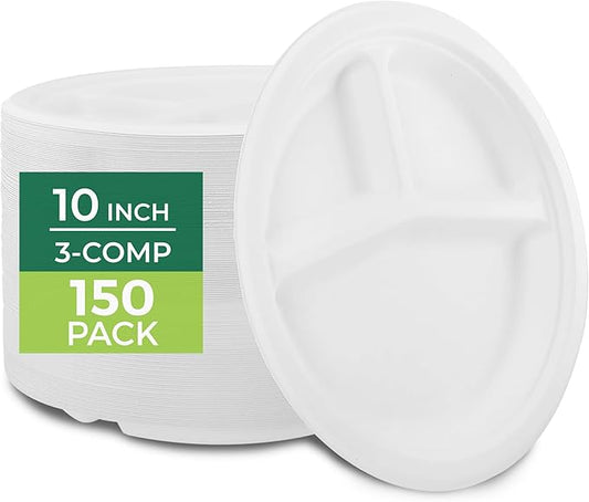 Freshware Paper Plates - Disposable 10" Plate, 150-Pack, Biodegradable Sugarcane Dinner Plates - Heavy Duty Dinnerware - Microwave & Freezer Safe, Stackable Dinnerware - 3-Compartment