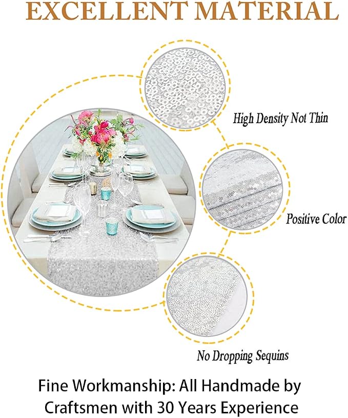 ShinyBeauty Sequin Tassel Table Runner Silver 12in x 90in Sequin Table Runners - Image 3