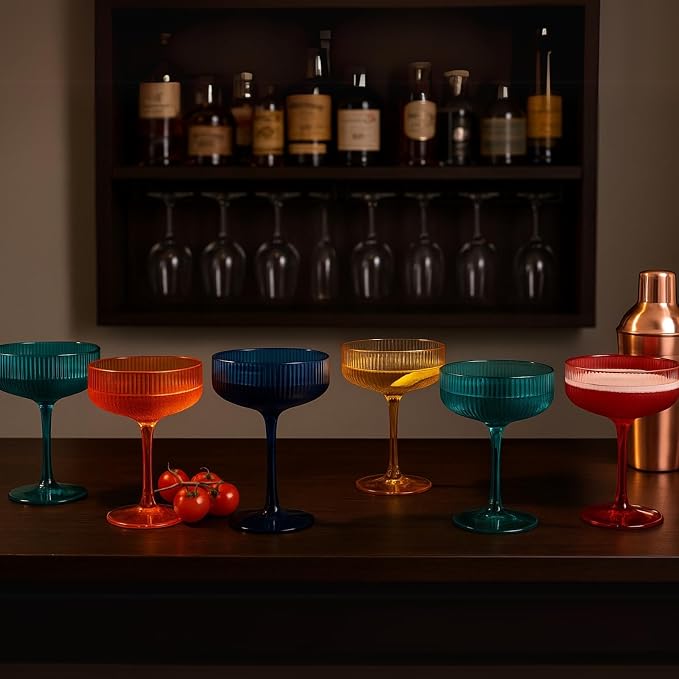 Khen Retro Acrylic Ribbed Glasses, 10oz Multicolor Shatterproof Stemware Coupe - Image 8