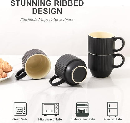 Hasense Black Coffee Mug Porcelain Set of 4 - 12 oz Stackable Coffee Cups - Image 4