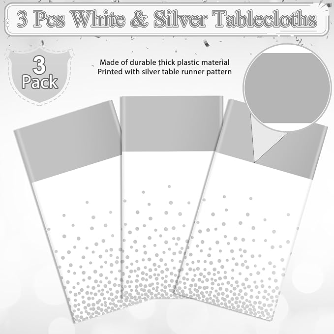 3Pcs White and Silver Tablecloth Party Decorations, Plastic White Table Cloth - Image 4
