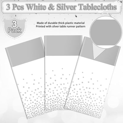 3Pcs White and Silver Tablecloth Party Decorations, Plastic White Table Cloth - Image 4