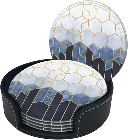6 Pcs Blue Gold Marble Geometric Hexagons Leather Coasters - Image 3