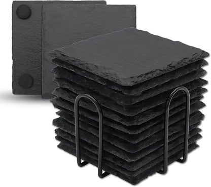 12 Pack Slate Drink Coasters with Metal Holder, VIBRATITE 4 Inch Black Slate Stone Coasters Bulk Laser Engraving Blanks with Anti-Scratch Bottom for Drink Coffee Bar Kitchen Home Decor, Square