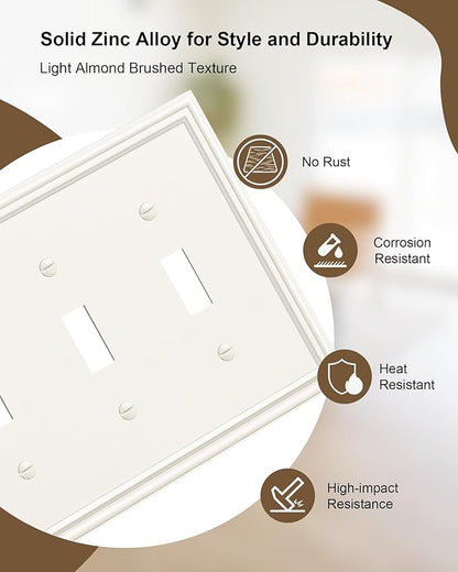 2-Pack Triple Toggle Light Switch Cover Plate, Durable Solid Zinc Alloy Decorative Switch Plate Covers, Light Almond 3 Gang Wall Plate, Corrosion Resistant