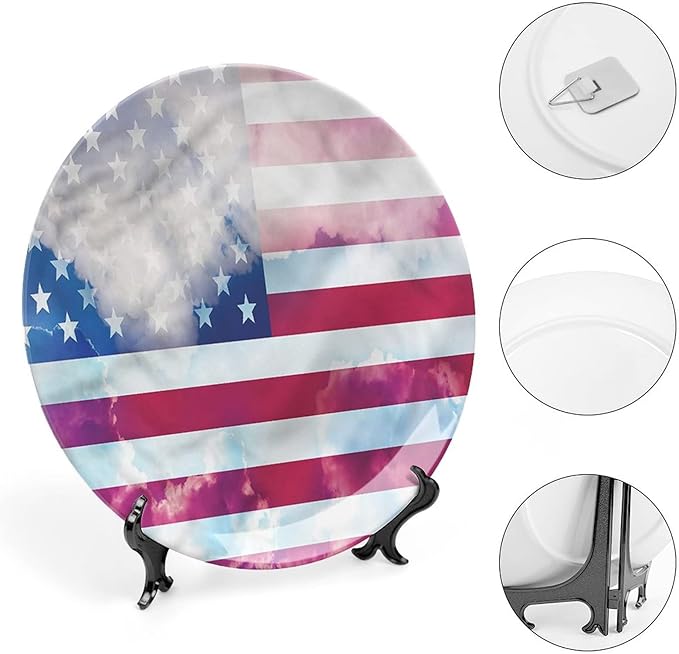 Ceramic Plates, American Flag Decorative Ceramic Plates, Flag Clouds Memorial, 10 Inch, Household Plates Decorative, Multicolor