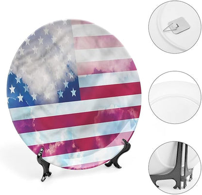 Ceramic Plates, American Flag Decorative Ceramic Plates, Flag Clouds Memorial, 6 Inch, for Dining, Parties, Wedding, Multicolor