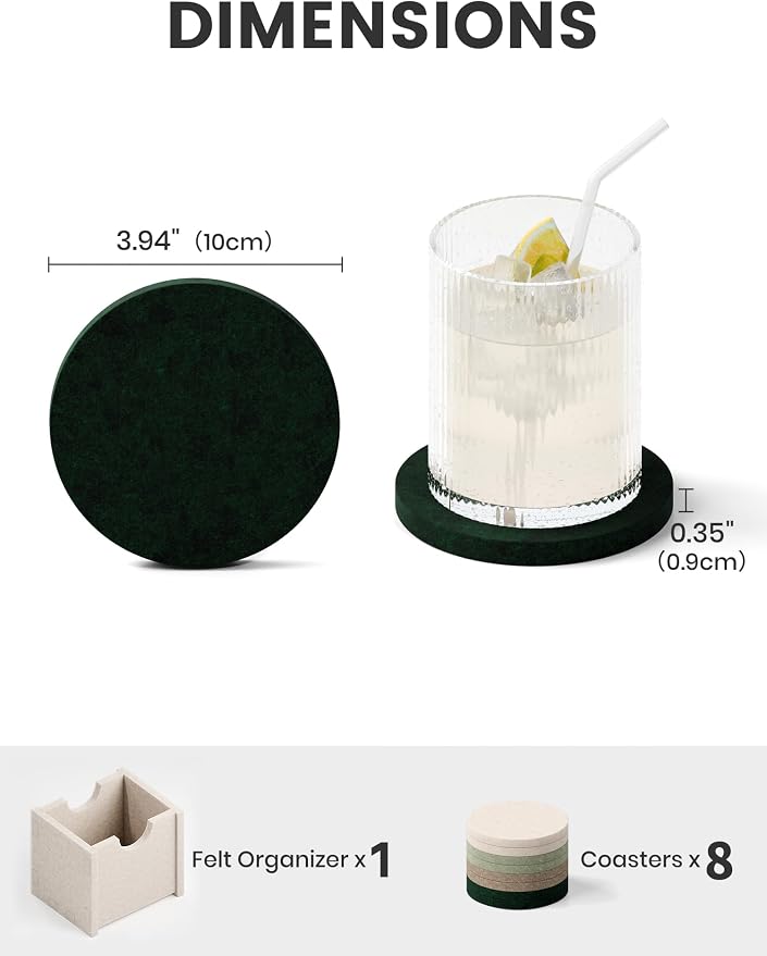 Fluxynara Felt Coasters with Holder, Nordic Moss | Round Felt Coasters - Image 2