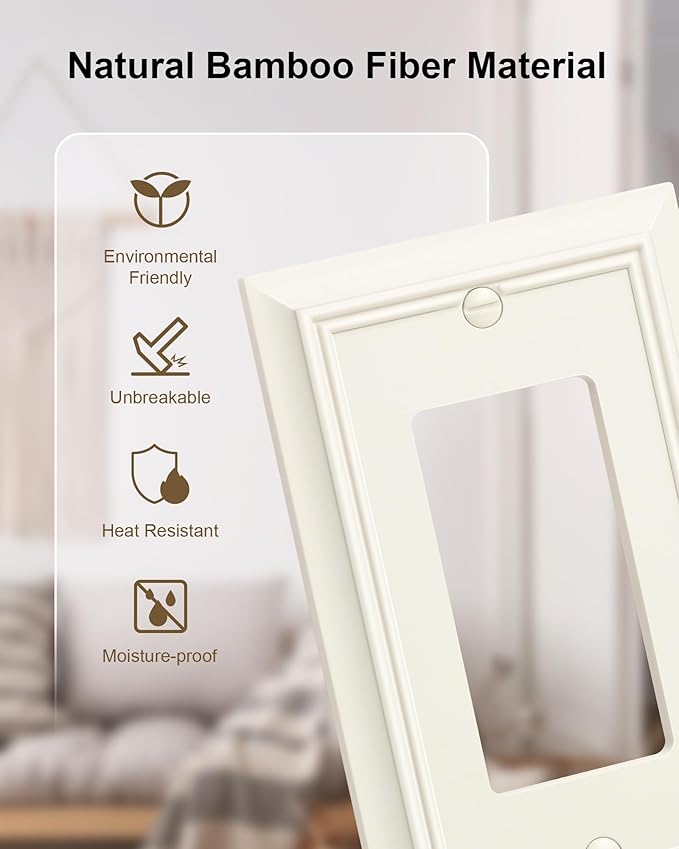 4-Pack Decorator Wall Plate Cover, Light Almond Decorative Switch Plates and Outlet Covers, Durable Natural Bamboo Fiber Wall Plates for Electrical Outlets, Receptacle, GFCI Outlet, Dimmer Switch