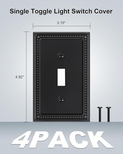 4-Pack Single Toggle Light Switch Cover Plate, Pearls Decorative Switch Plate Covers, Black 1 Gang Metal Wall Plate, Corrosion Resistant