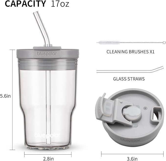 BLUEPOLAR Glass Cups with Lids and Straws, 16oz/480ml Reusable Iced Coffee - Image 2