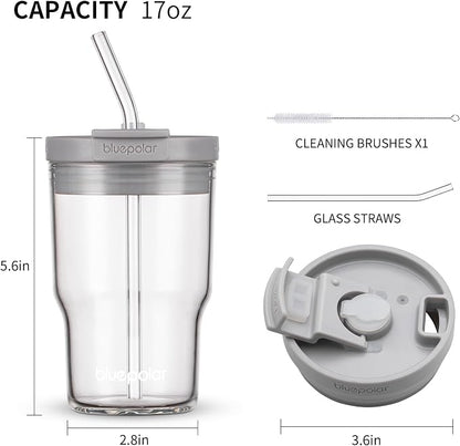 BLUEPOLAR Glass Cups with Lids and Straws, 16oz/480ml Reusable Iced Coffee - Image 2