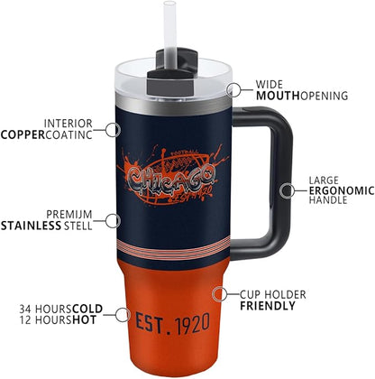 Chicago 30 oz Tumbler with Handle and Straw,Car cup,Coffee Mug,100% Leakproof Insulated Tumbler with Lid and Straw,Made of Stainless Steel,Cup Holder Friendly Base,Classic Collection Gifts for Fans