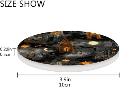 Coasters for Drinks Coaster Drink Set Decorative Coffee Table Desk Cup Mat Spring Cute Cork Bar Backing Round Home Decor Grey Pumpkin and Castle Halloween43