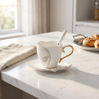 7 Oz Luxury Rhinestone Ceramic Coffee Cup and Saucer Set - Image 7