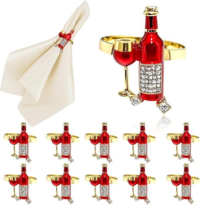 Christmas Napkin Rings Set of 12 Sparkly Rhinestone Red Wine Bottle Napkin by DavifinaNapkinRings