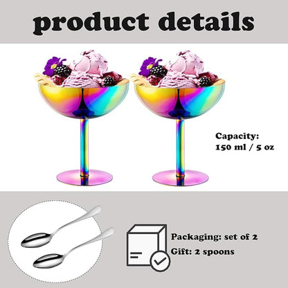 Ice Cream Bowls Stainless Steel Dessert Cups with Spoons Reusable Footed Sundae Cups Ice Cream Cups for Dessert, Frozen Yogurt, Gelato, Birthday Party Decorations (2, Colorful)