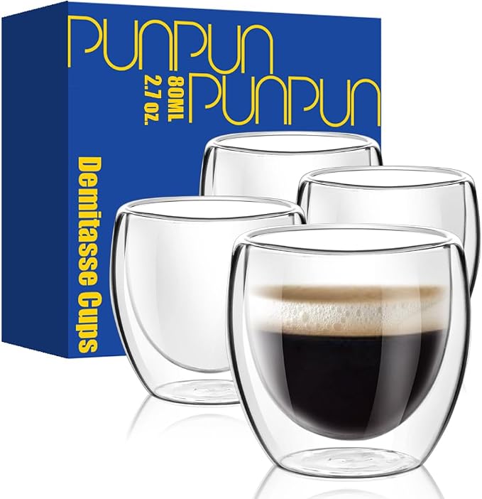 PunPun Glass Cups 2.7oz. 80ml Espresso Coffee Cups, Demitasse Cups Double by PunPun